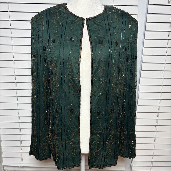 Emerald Beaded Jacket Vintage Gatsby Gold Sequins Formal Party/ Holiday SZ Large - Picture 2 of 9